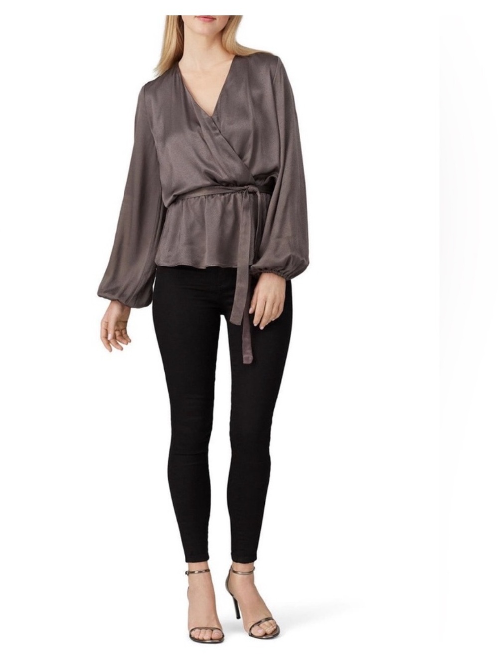 Satin Wrap Tie-Waist Blouse - Gray or gun metal